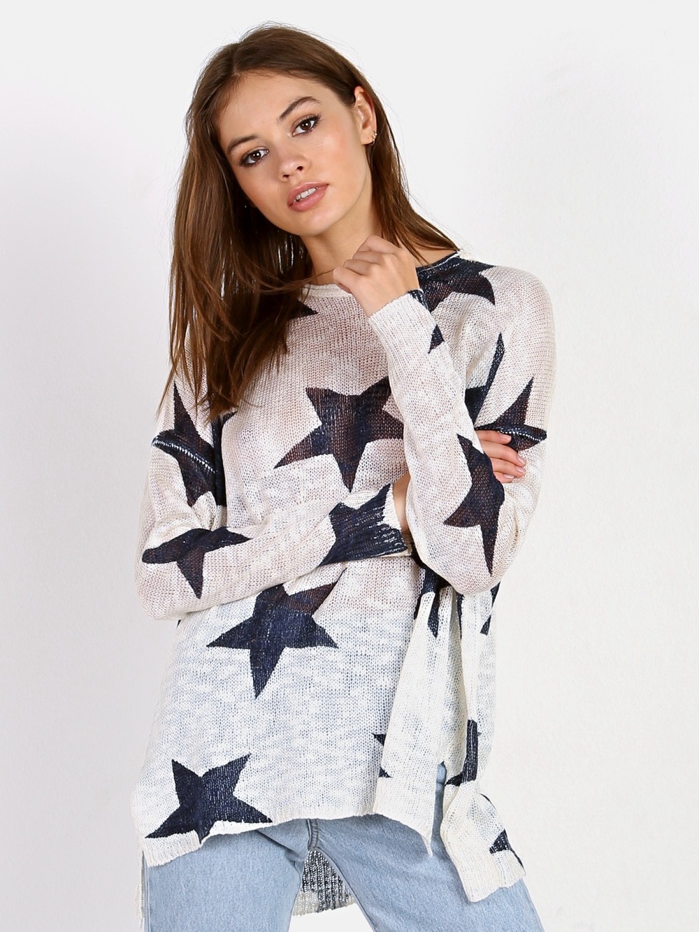 Show Me Your MuMu Cream Knit Sweater with Navy Star Print